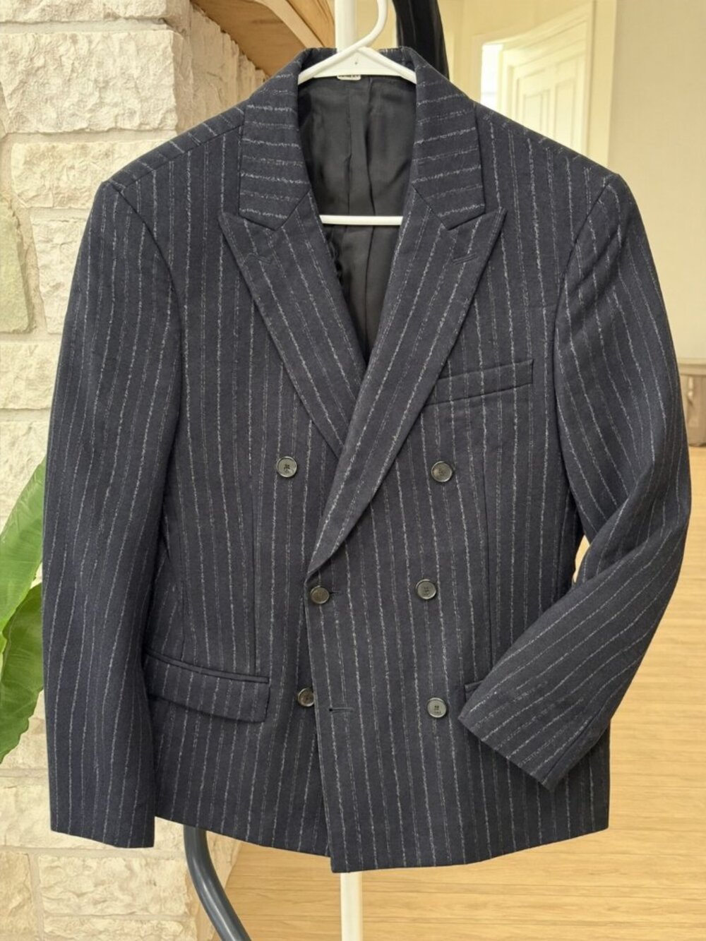 Sandro Paris Men's Navy Pinstripe Double Breasted Blazer Designer